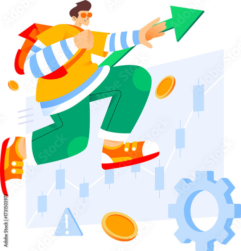 Man Leaping with Green Arrow and Growth Chart on Transparent Background Finance Business Vector Illustration