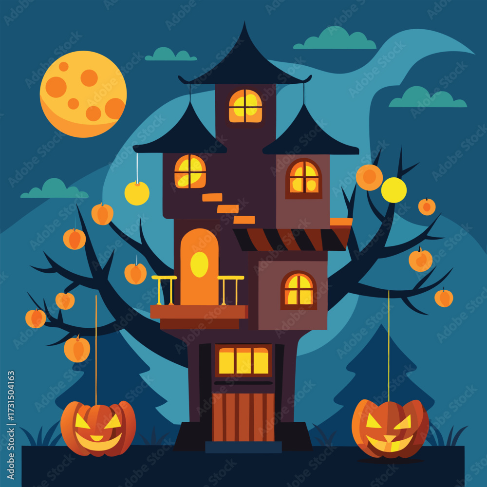 Fototapeta premium a halloween treehouse with jack o lantern lanterns (1).eps