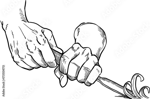 Monochrome Graphic Illustration of Hands Holding Apple in Black and White Detail on Transparent Backdrop