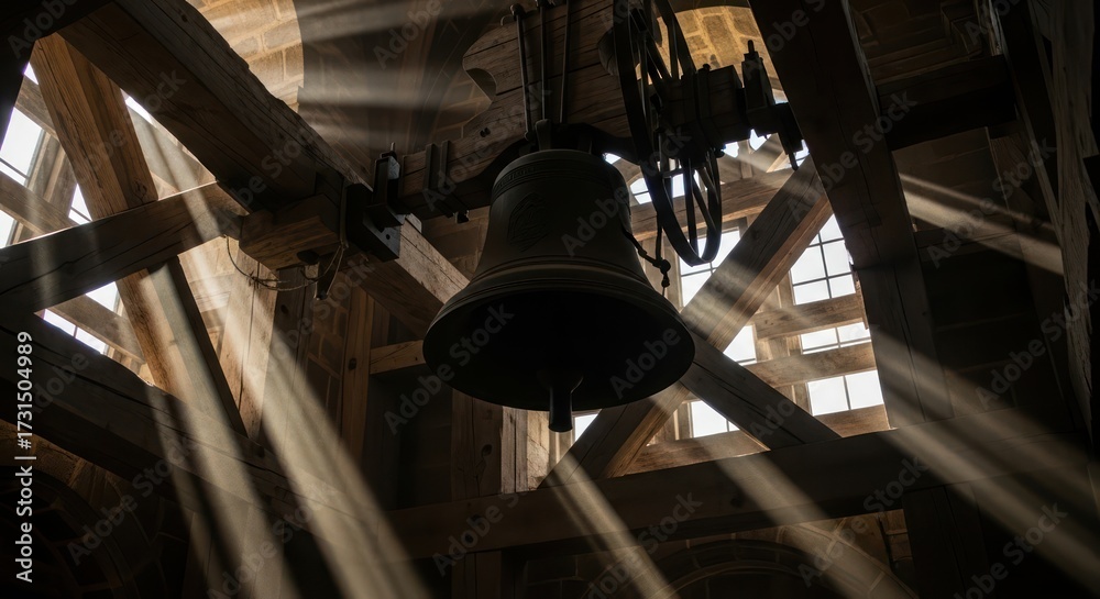 Fototapeta premium Illuminating echoes architectural beauty of the old bell with sunrays and wood structure