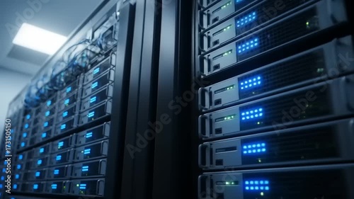 Server Racks in a Data Center with Flashing Blue Lights, Network Infrastructure.