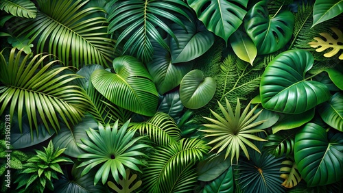 Lush and vibrant canopy of diverse tropical jungle leaves, showcasing various shades of green and intricate natural textures in a dense foliage background