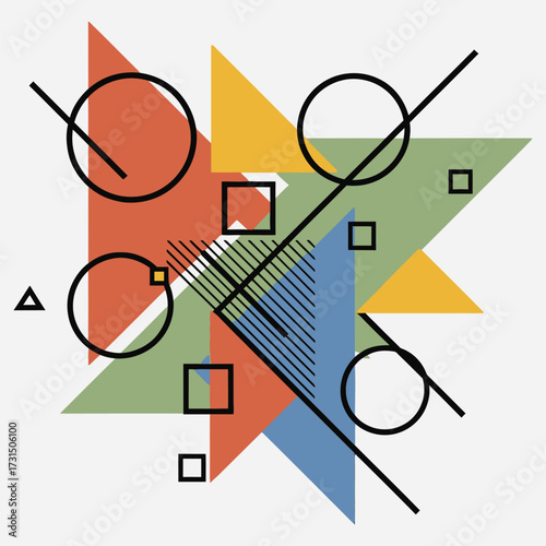 Dynamic abstract composition of colorful geometric shapes and lines creating a modern art design with a vibrant, playful aesthetic perfect for contemporary projects
