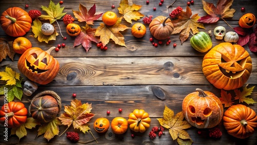Halloween festive arrangement of carved pumpkins, autumn leaves, and small skulls on a rustic wooden table, creating a spooky and traditional holiday atmosphere
