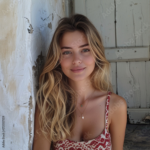young woman with long, wavy hair poses against rustic wall, wearing patterned top. Her natural beauty and warm smile create relaxed atmosphere