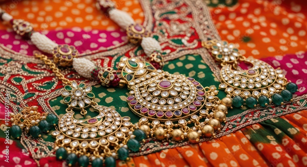 Naklejka premium Exquisite indian jewelry set showcasing intricate designs and vibrant gemstones on patterned textile