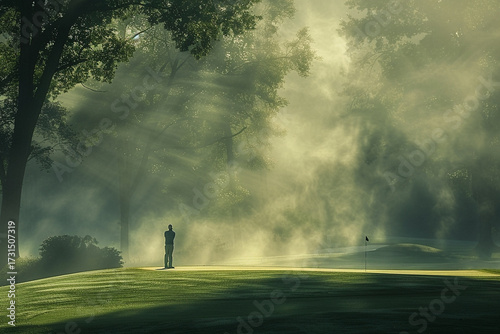 golfer stands in misty landscape, surrounded by trees and soft light, creating serene atmosphere