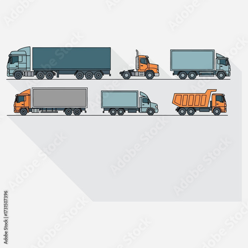 Various types of commercial trucks and heavy vehicles for transportation and logistics, presented in a clean flat illustration style
