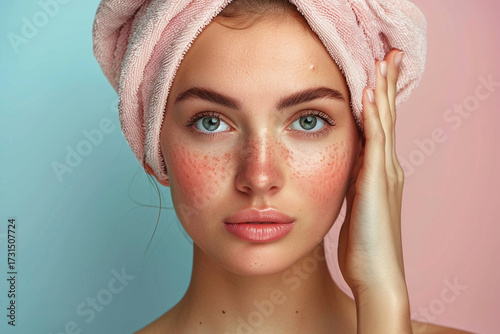 young woman with towel on her head, showcasing natural beauty and glowing skin. Her freckles and soft features create fresh and serene look