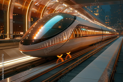 sleek, futuristic high speed train at modern station, illuminated by city lights, showcasing advanced technology and design