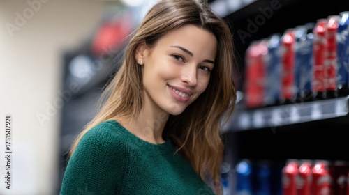 Free Download Smiling shopper enjoying a leisurely moment between store shelves filled with beverages in a bustling supermarket during the day - GFXLoad