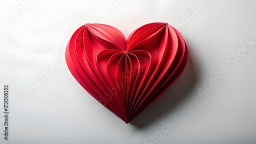 A vibrant red paper heart, folded with intricate pleats, casting a soft shadow on a clean white background, symbolizing love and affection