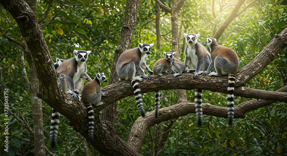 Naklejka premium Ring tailed lemurs perched on a tree branch surrounded by lush green foliage
