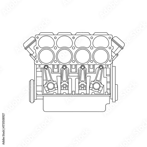 Detailed Outline of a V-Engine with Pistons and Cylinders.