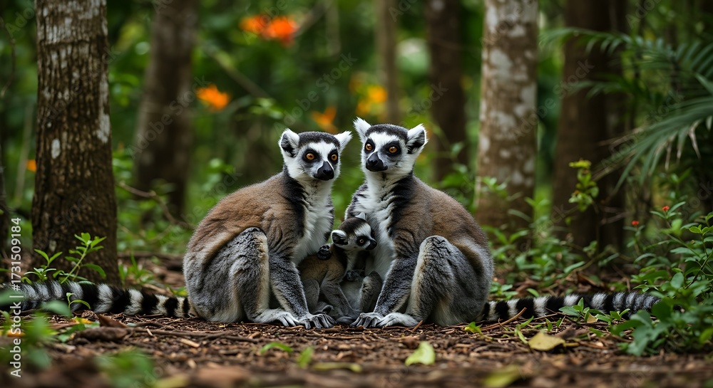 Fototapeta premium Ring tailed lemurs with juvenile in a lush forest setting