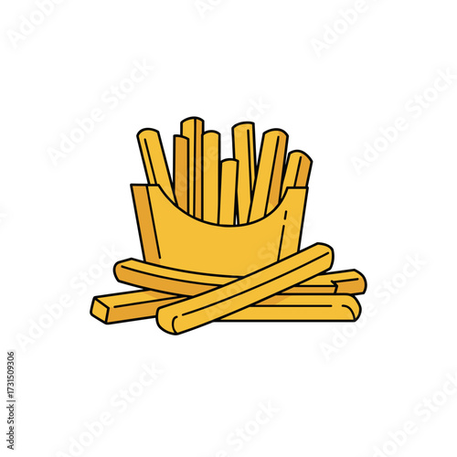 Cartoon Illustration of Golden French Fries in a Paper Container