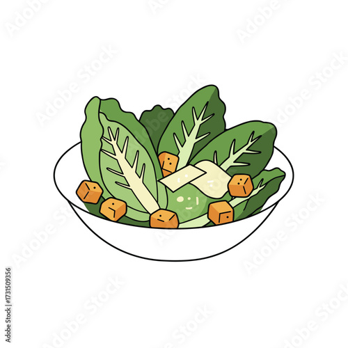 Cartoon Caesar Salad with Romaine Lettuce, Croutons, and Parmesan in Bowl