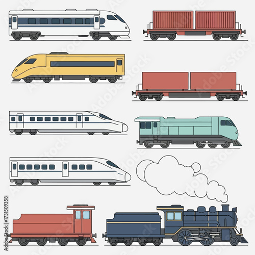 Collection of diverse train types, including modern high-speed, freight, and classic steam engines, illustrating various forms of rail transportation