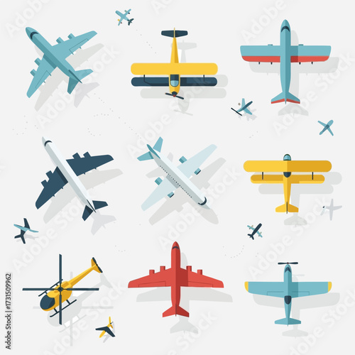 Collection of Various Airplane Types Top-Down View, Perfect for Travel, Transportation, and Aviation Designs