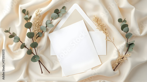 Elegant White Stationery with Eucalyptus and Dried Grass on Cream Satin Background
