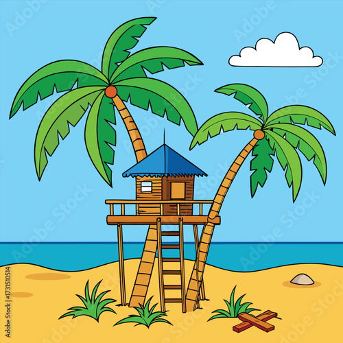 a summer beach palm treehouse above sand .eps