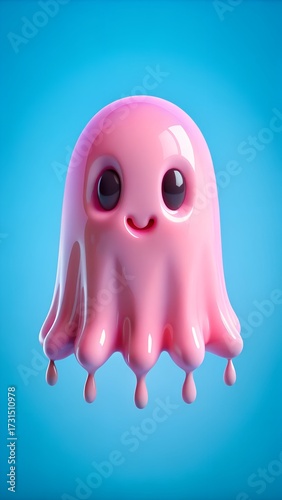 Cute pink ghost character with big eyes and a smile, dripping liquid, against a vibrant blue background, 3d render