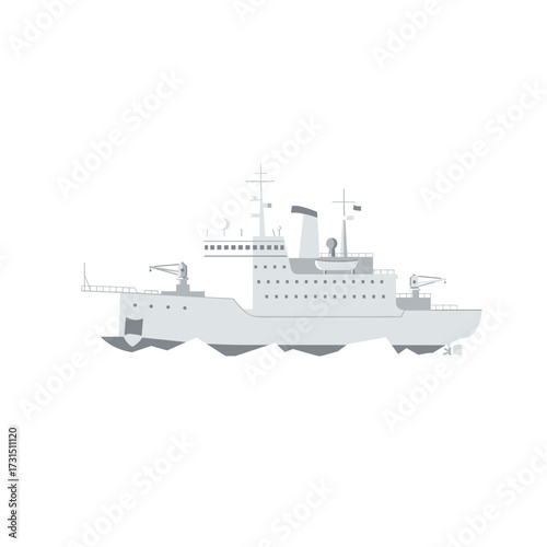 Stylized Gray Research Vessel with Cranes and Detailed Superstructure Illustration