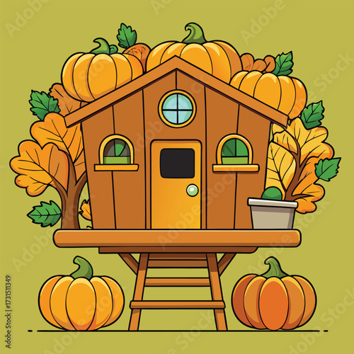 an autumn harvest treehouse with pumpkins .eps