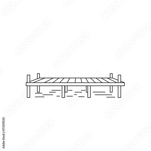 Minimalist line drawing of a wooden pier extending over water