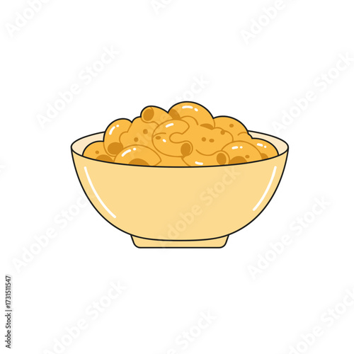 Cartoon macaroni and cheese in a yellow bowl with black outline, isolated.