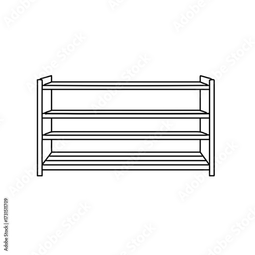 Minimalist Three-Tier Shoe Rack Outline, Front View, Black and White