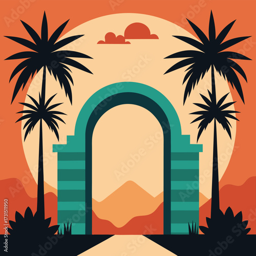 arch surrounded by tropical palm trees .eps