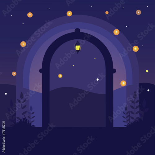 archway glowing with fireflies at dusk .eps