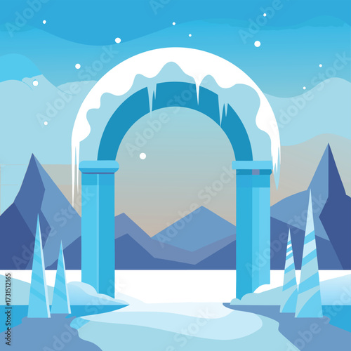 archway of snow and icicles in tundra .eps