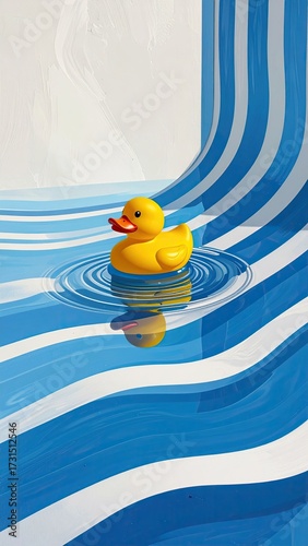 Yellow duck sits centered in blue-white striped water