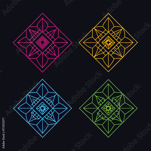 four geometric rangoli designs in neon colors  (1).eps