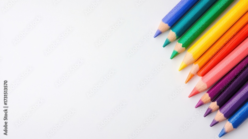 Fototapeta premium Top view of rainbow chalks creating a diagonal pattern on a smooth white background