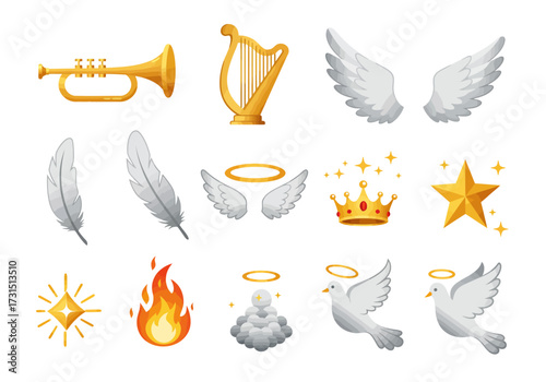 A collection of cartoonish religious icons and symbols spread on a white background