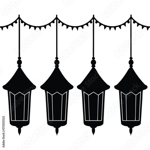 four lanterns hanging in a courtyard with colorful.eps