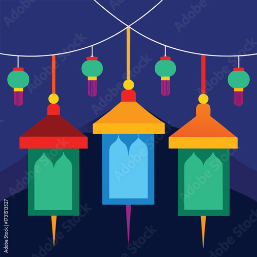 four lanterns hanging in a courtyard with colorful (2).eps