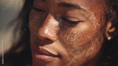 A young adult cisgender woman with dark skin has light skin patches on her face, with closed eyes in a close-up portrait with sunlight