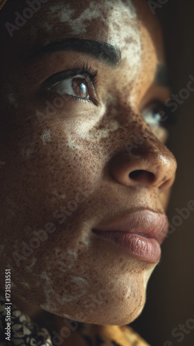 Freckles vitiligo adult cisgender woman with dark skin and white cream on her face looks thoughtful in a close up studio portrait with soft lighting