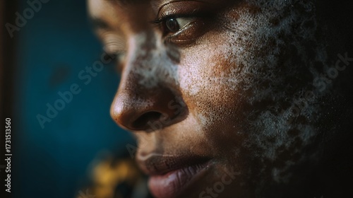 Dark skin young adult cisgender woman with vitiligo on face in close-up portrait with soft focus background in dramatic lighting photography
