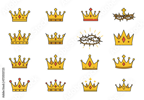 A collection of twelve gold crowns and two thorns images are arranged on a white background