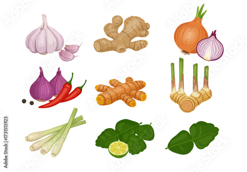 A visual assortment of culinary ingredients garlic ginger onions chili peppers lemongrass and kaffir lime