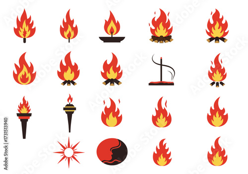 An assortment of stylized fire and flame icons is displayed alongside abstract symbolic graphics