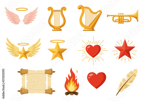 An array of vector art icons including musical instruments hearts stars wings and symbolic elements