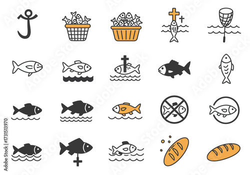 Array of icons depict fish bread anchor and net with religious elements like crosses