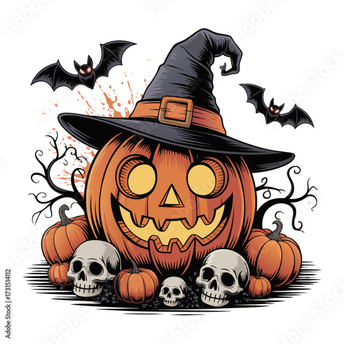Spooky halloween jack o lantern wearing a witch hat surrounded by pumpkins and skulls with flying bats isolated on transparent background