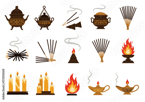Assorted illustrations of incense flames  candles with some detailed pots and holders